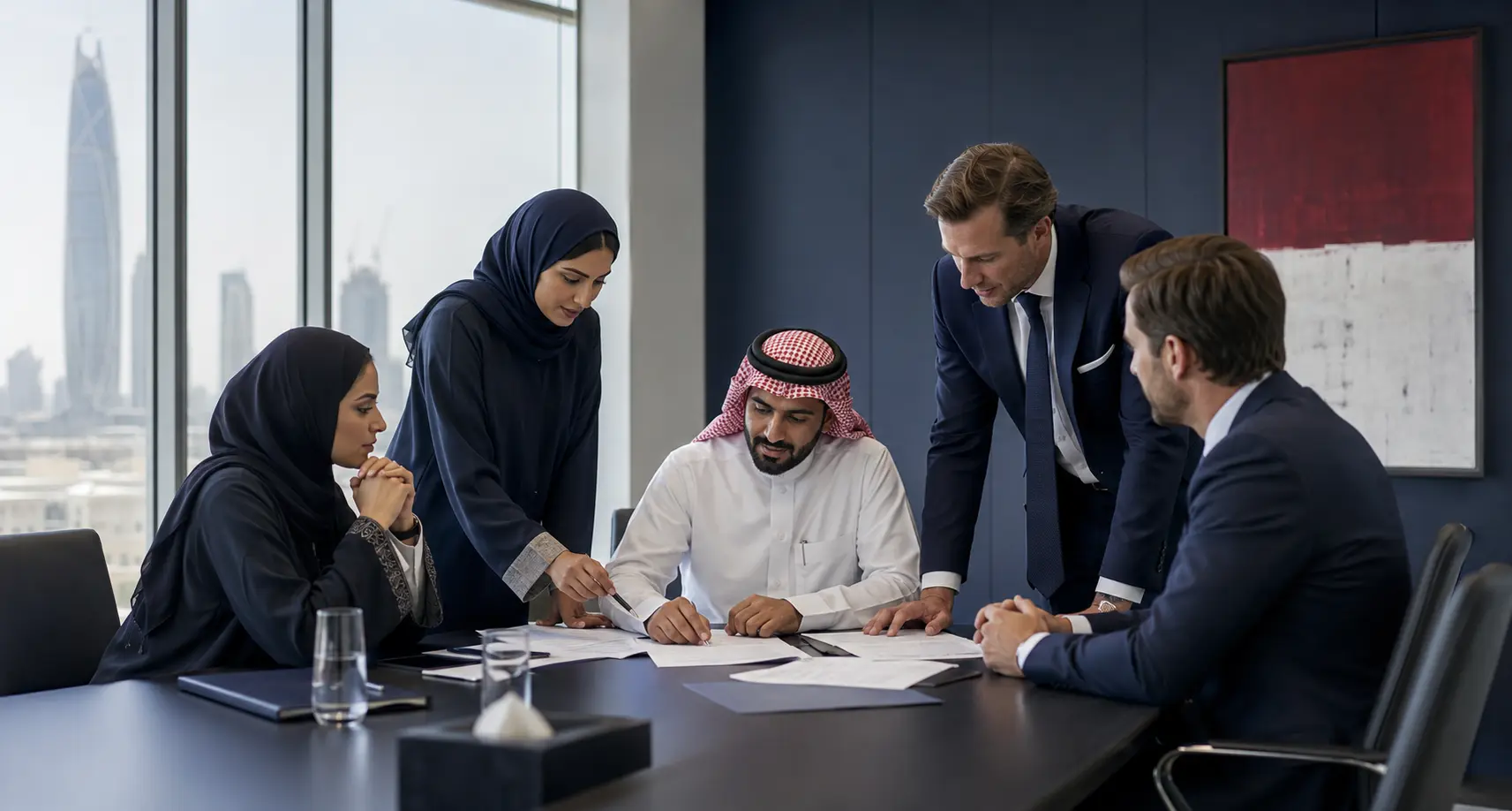مهنيون يناقشون مسألة في غرفة اجتماعات حديثة بالرياض